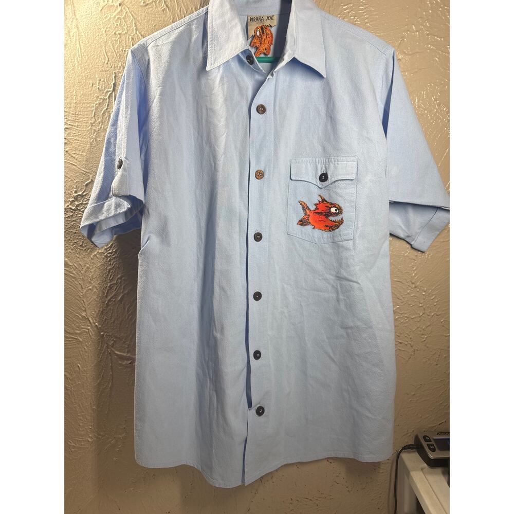 Pirana Joe Button Down Blue‎ Cotton Shirt Grand Turk Piranha Size Large Large
